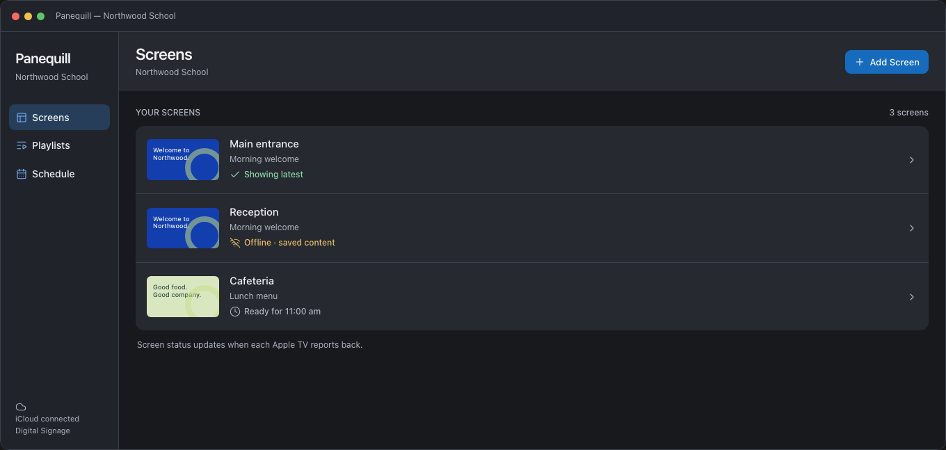 The Panequill Screens view on Mac in dark appearance