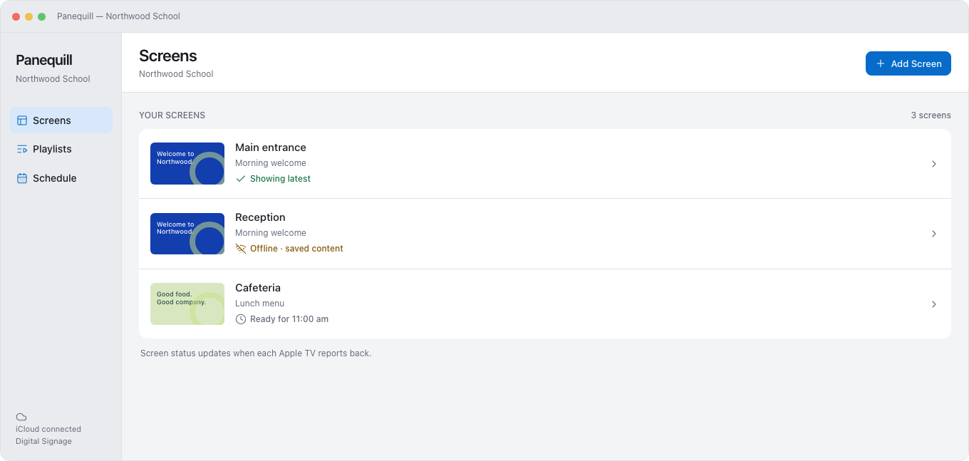 The Panequill Screens view on Mac, listing three Apple TV screens and their status