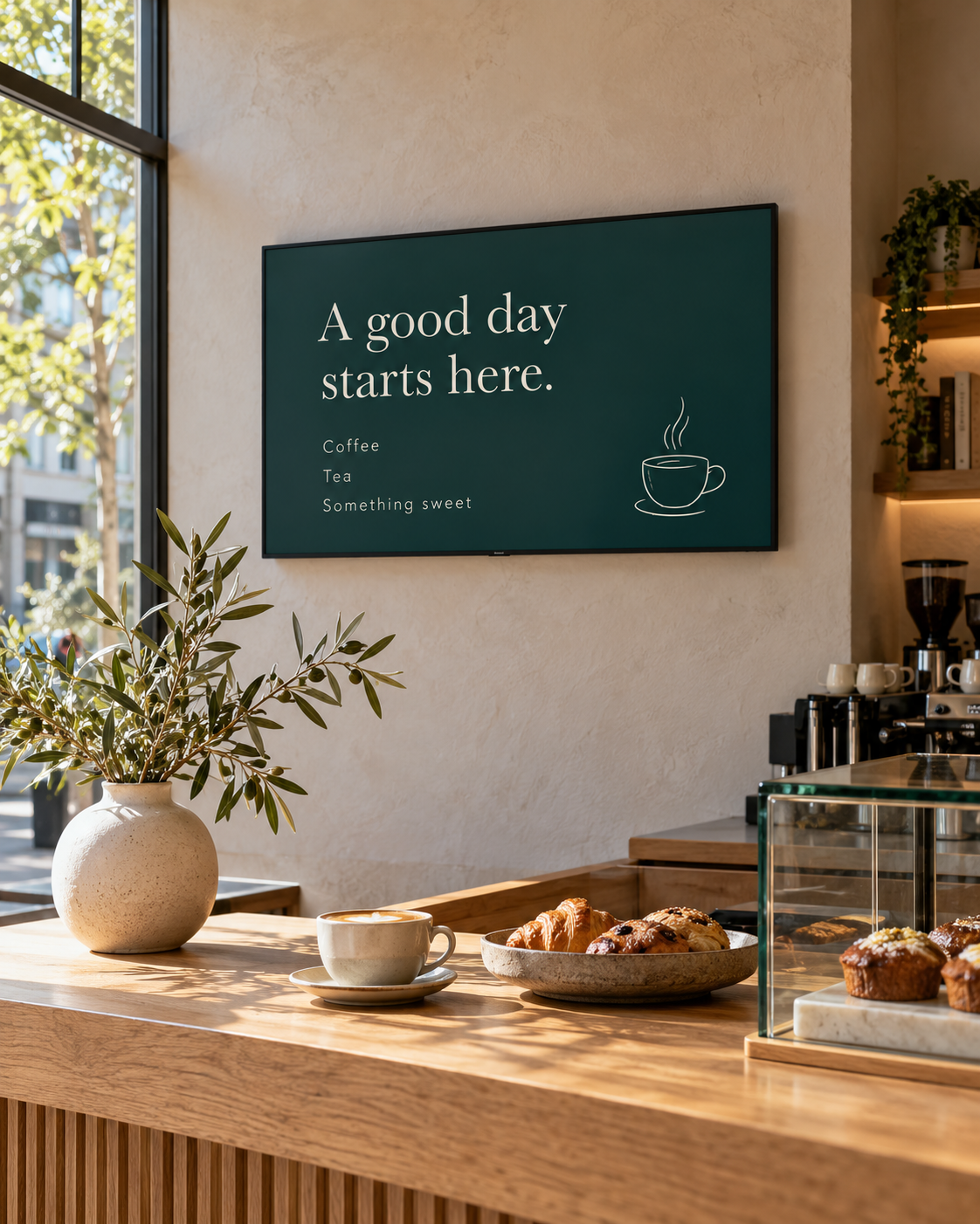 An illustrative café display cycling through a menu, a special and a community event